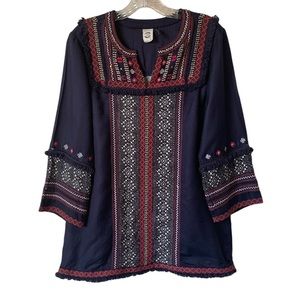 Anthropologie Akemi Kin Navy Embroidered Tunic Top Size 10